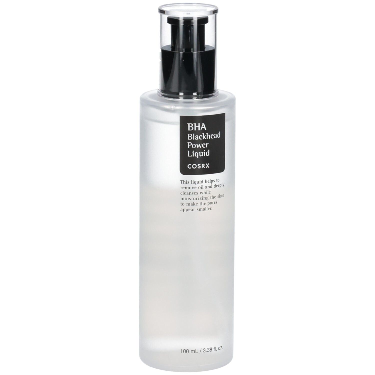 Vue de face de la bouteille COSRX BHA Blackhead Power Liquid avec pompe.