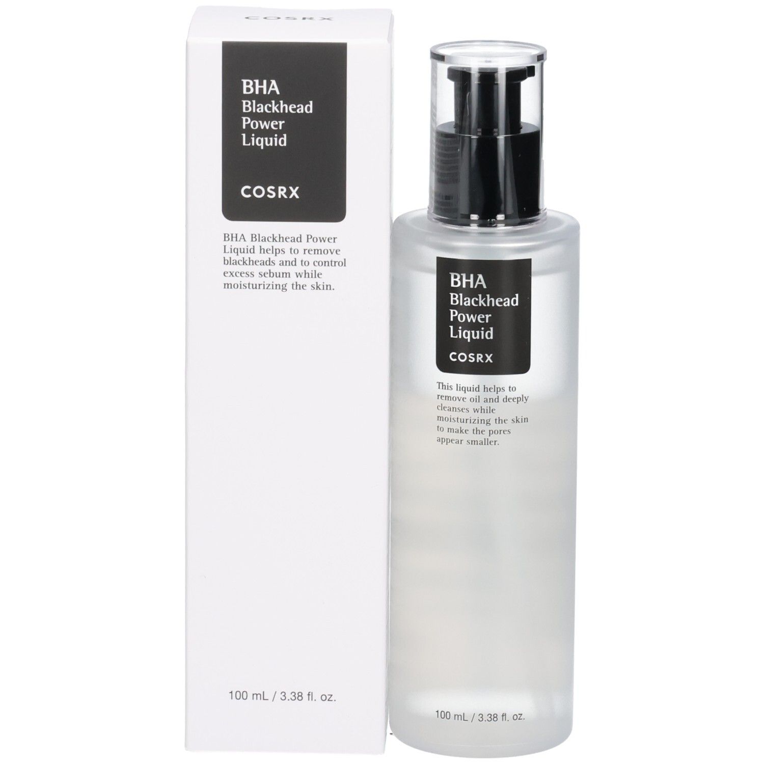 COSRX BHA Blackhead Power Liquid avec emballage, bouteille transparente avec pompe.
