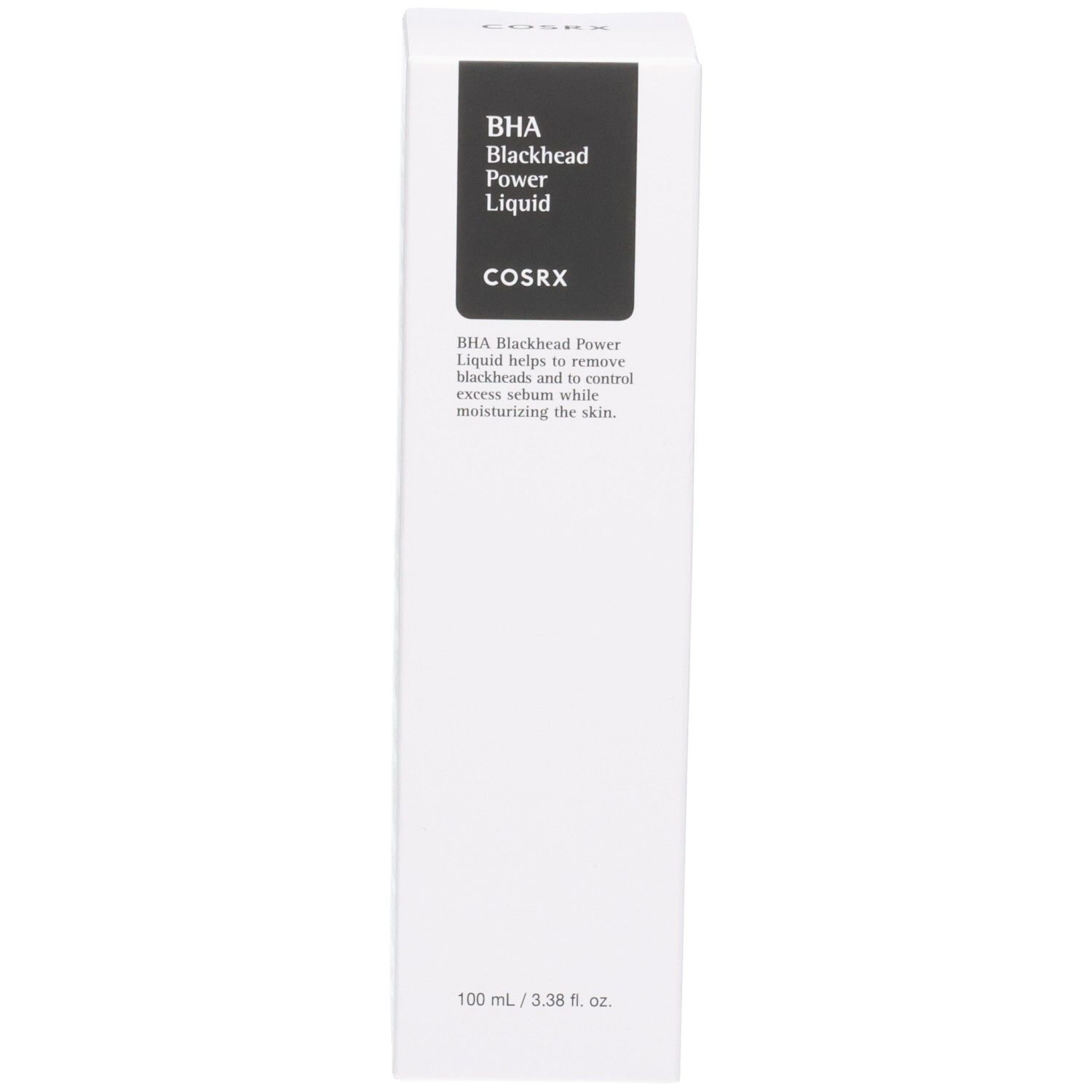 Emballage du COSRX BHA Blackhead Power Liquid, bouteille transparente avec pompe.