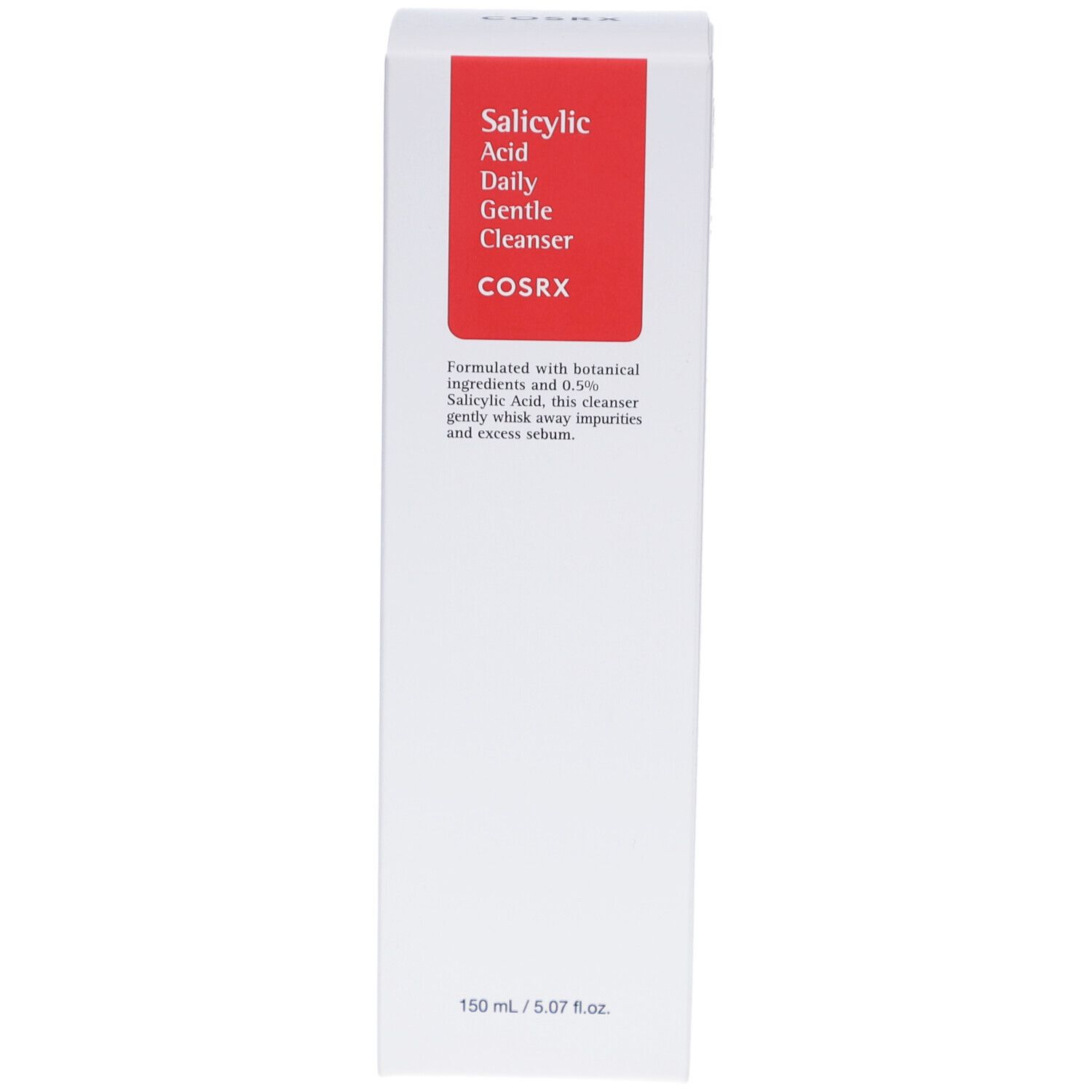 Emballage blanc avec rectangle rouge. Texte : Salicylsäure Daily Gentle Cleanser, COSRX. Description du produit.