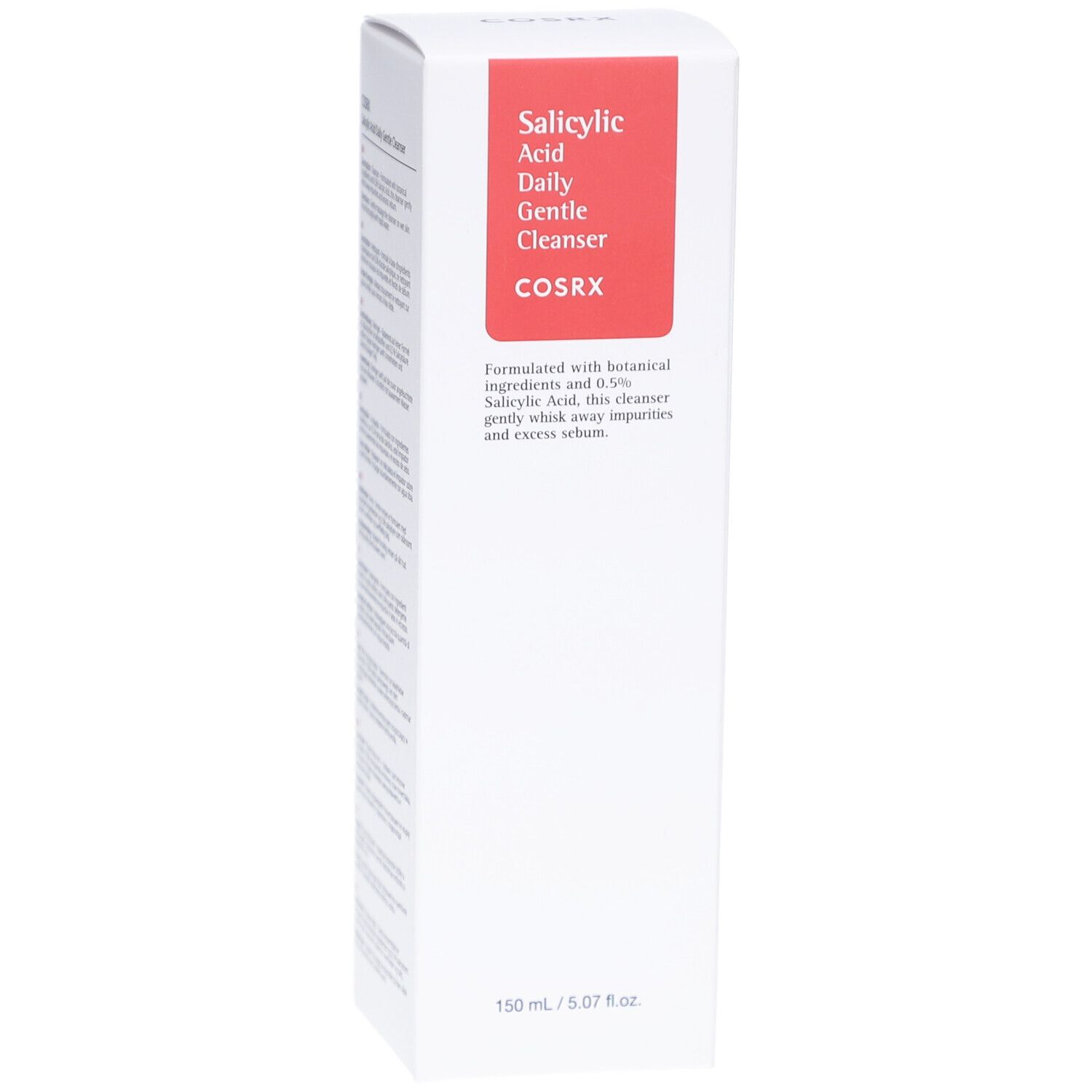 Emballage blanc avec rectangle rouge. Texte : Salicylsäure Daily Gentle Cleanser, COSRX. Description du produit.