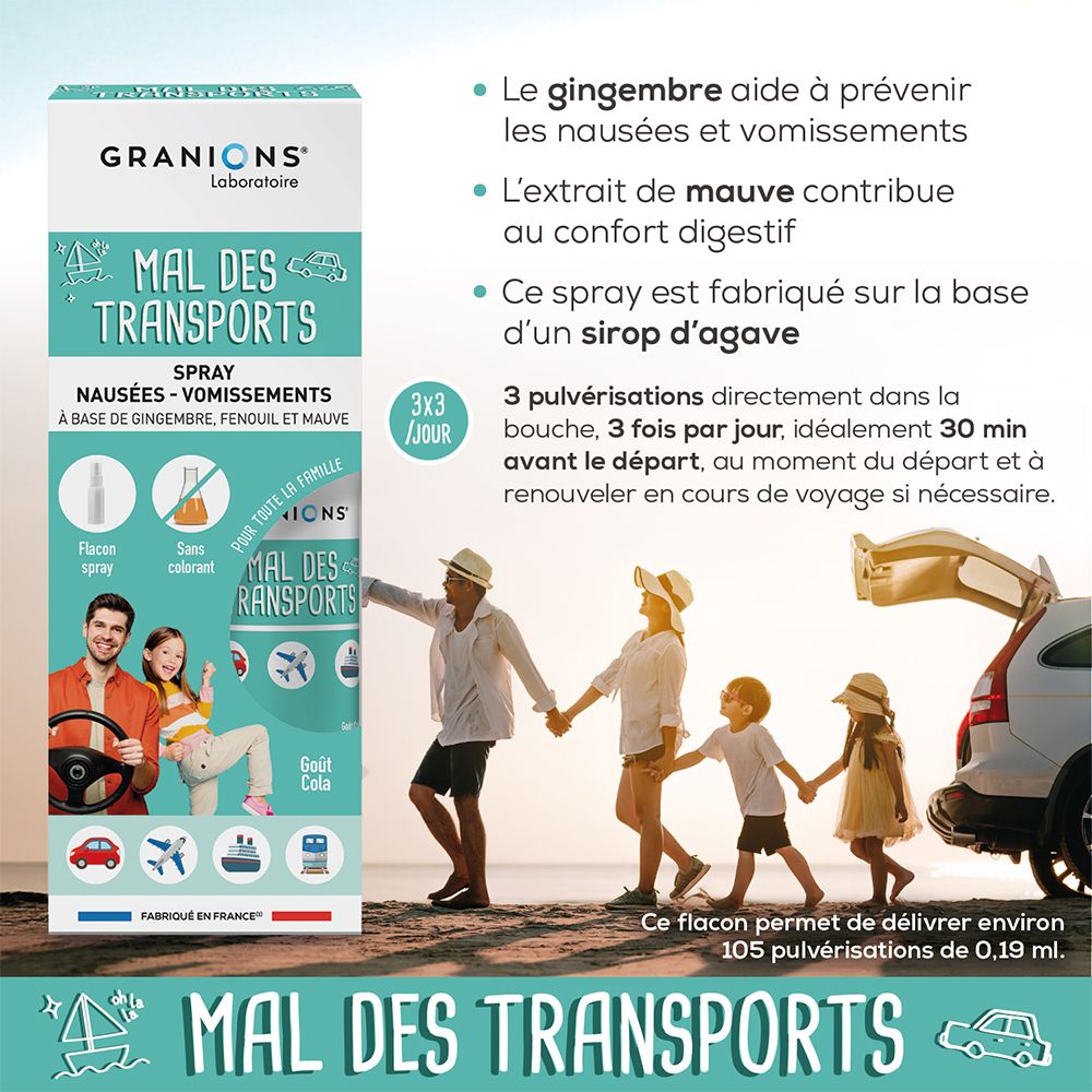 Produit et texte. MAL DES TRANSPORTS. 3x3 pulvérisations par jour. Gingembre, fenouil et mauve. Goût cola. Famille en voiture.