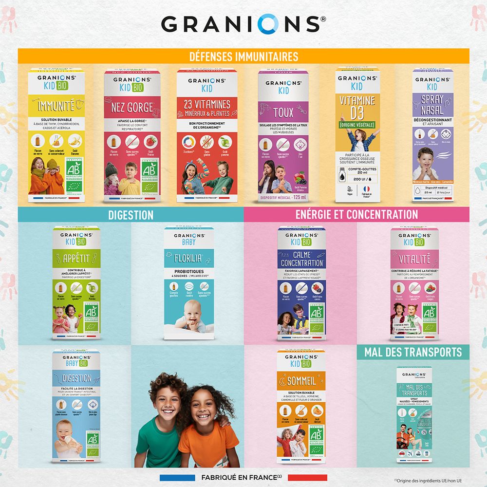 Différents produits de la marque Granions. MAL DES TRANSPORTS. Ingrédients : gingembre, fenouil, mauve. Différentes saveurs.