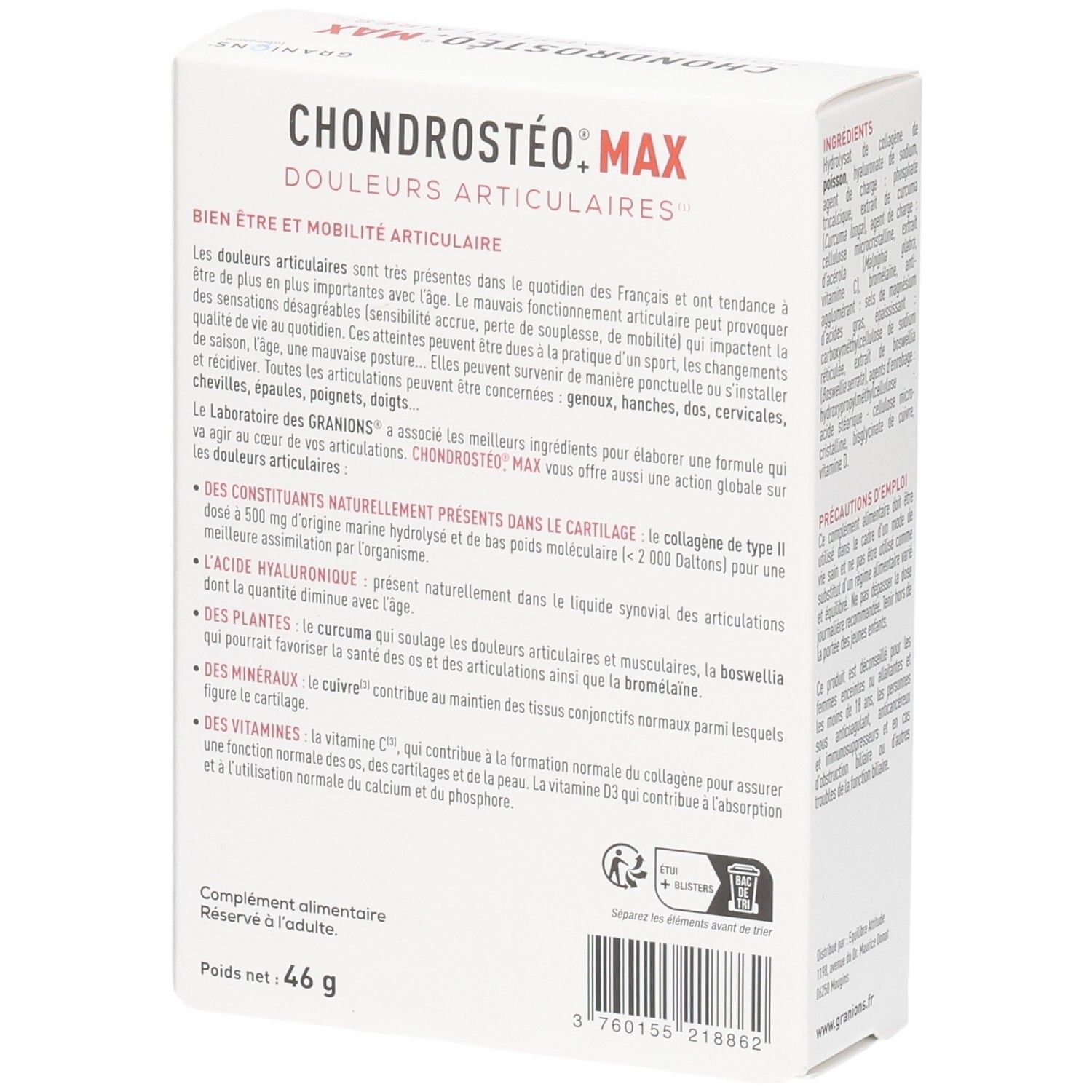 Dos de la boîte Granions Chondrostéo Max. Informations sur le produit. Poids net : 46 g.