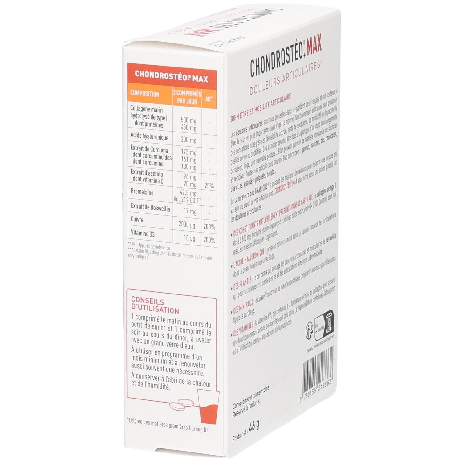 Boîte Granions Chondrostéo Max. Informations produit et conseils d'utilisation. Poids net : 46 g.