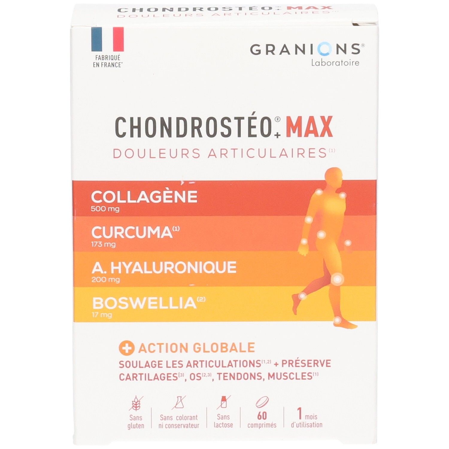 Boîte Granions Chondrostéo Max. Ingrédients : collagène, curcuma, acide hyaluronique, boswellia. 60 comprimés.
