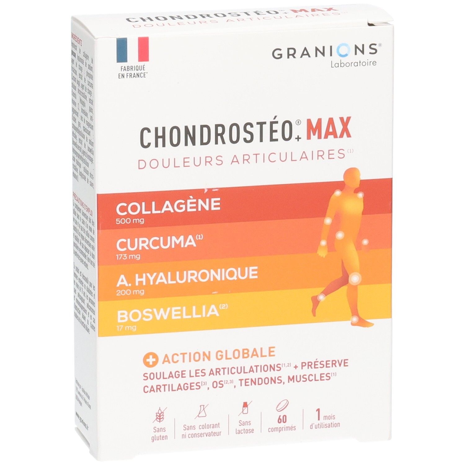 Boîte Granions Chondrostéo Max. Ingrédients : collagène, curcuma, acide hyaluronique, boswellia. 60 comprimés.