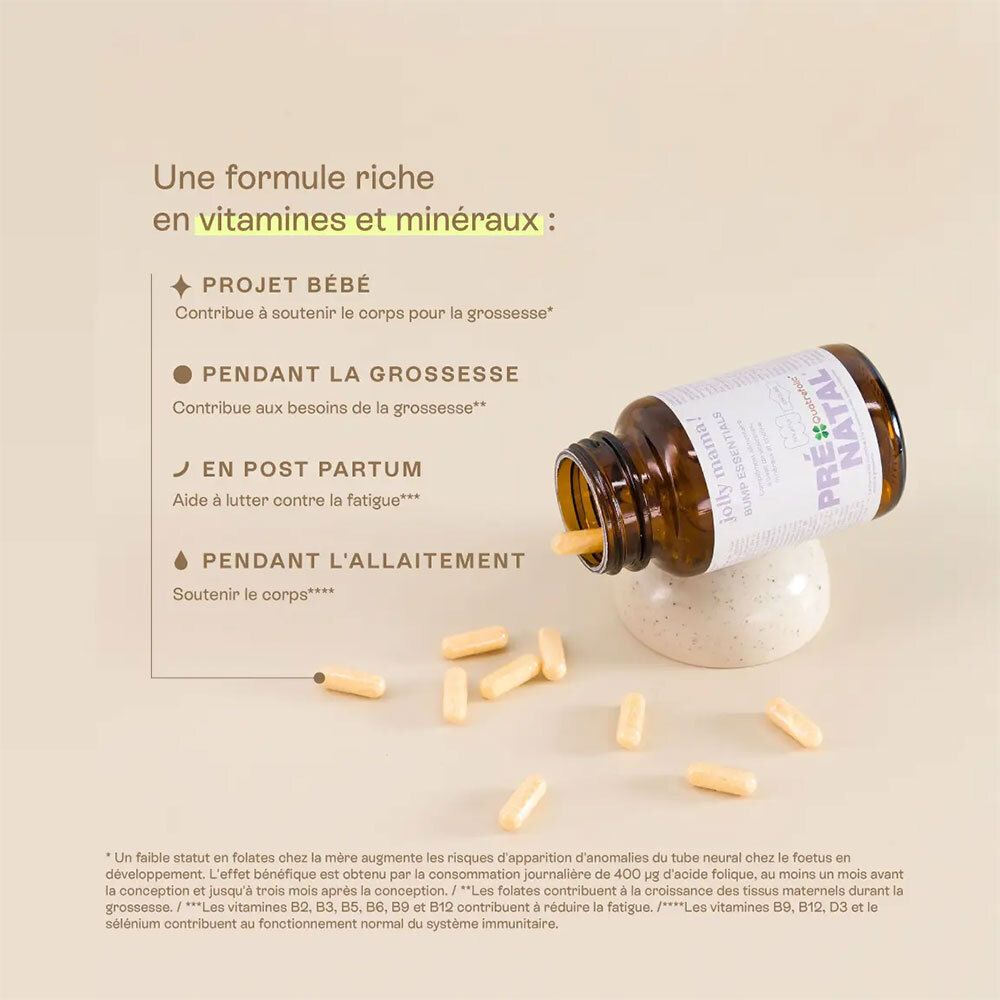 Flacon brun de gélules. Texte : Pré Natal, complément alimentaire. Gélules jaunes. Texte : Riche en vitamines et minéraux.