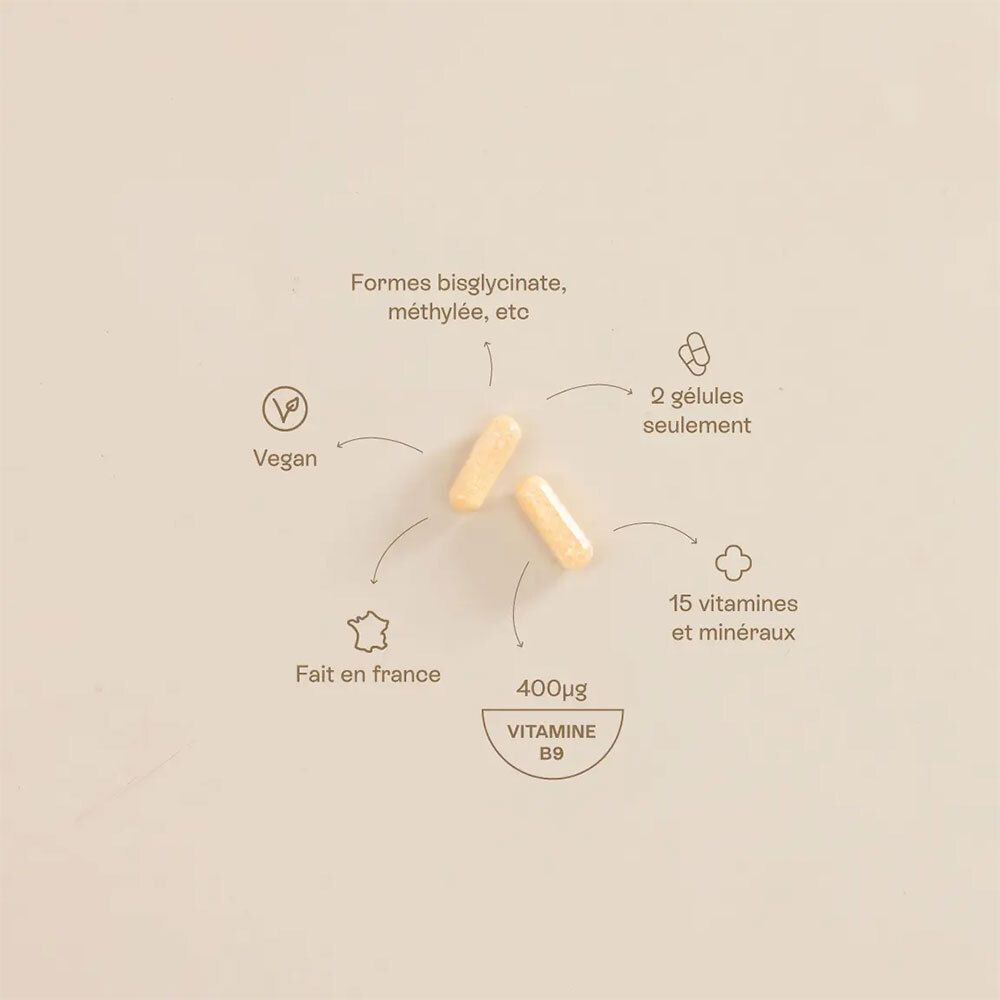Graphique avec deux gélules jaunes. Texte : Vegan, 2 gélules, 15 vitamines et minéraux, 400µg vitamine B9, Fabriqué en France.