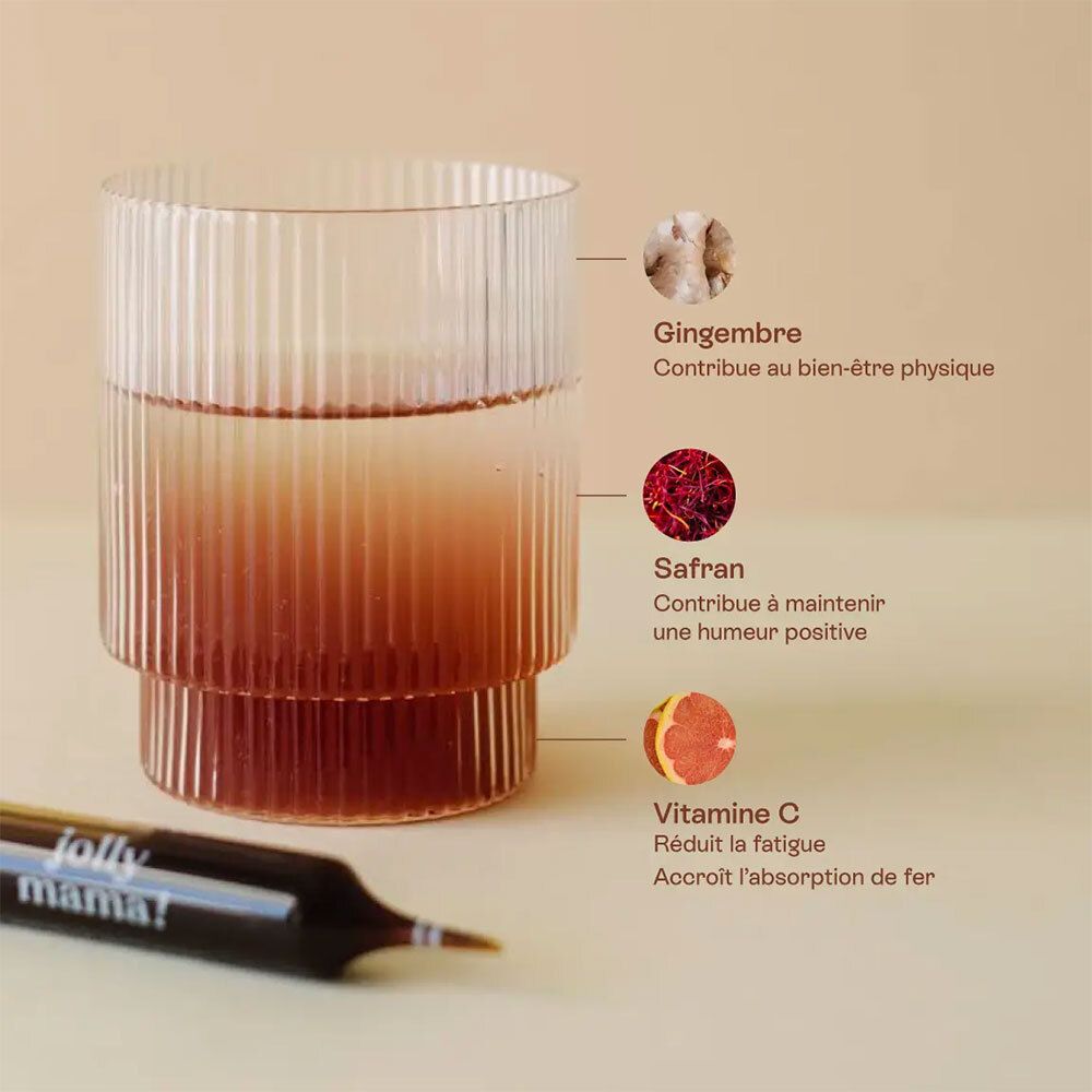 Verre avec liquide et ingrédients. Gingembre, safran et vitamine C. Ampoule Jolly Mama.