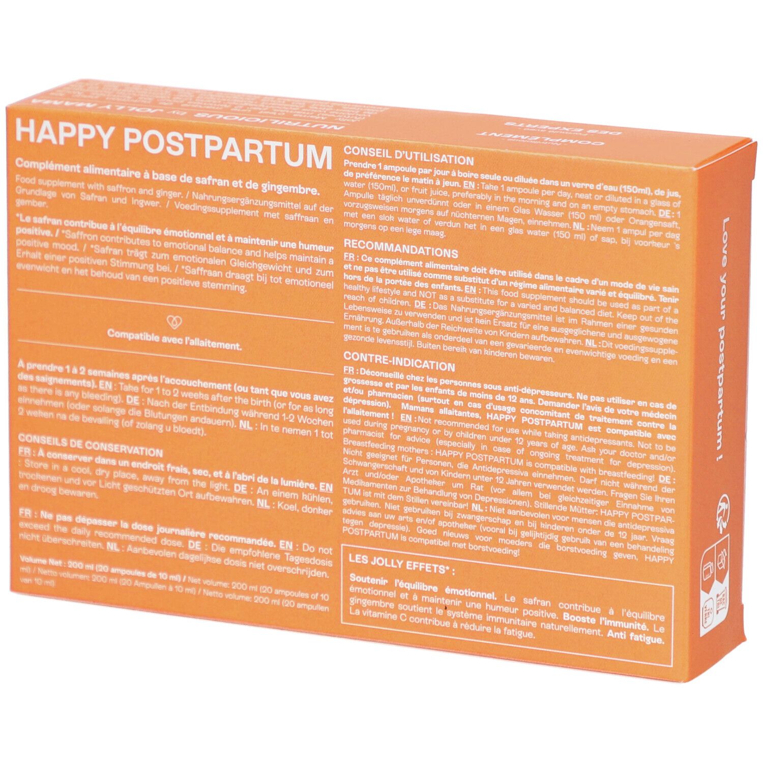 Dos de la boîte orange. Texte multilingue. Informations sur les ingrédients et l'utilisation.