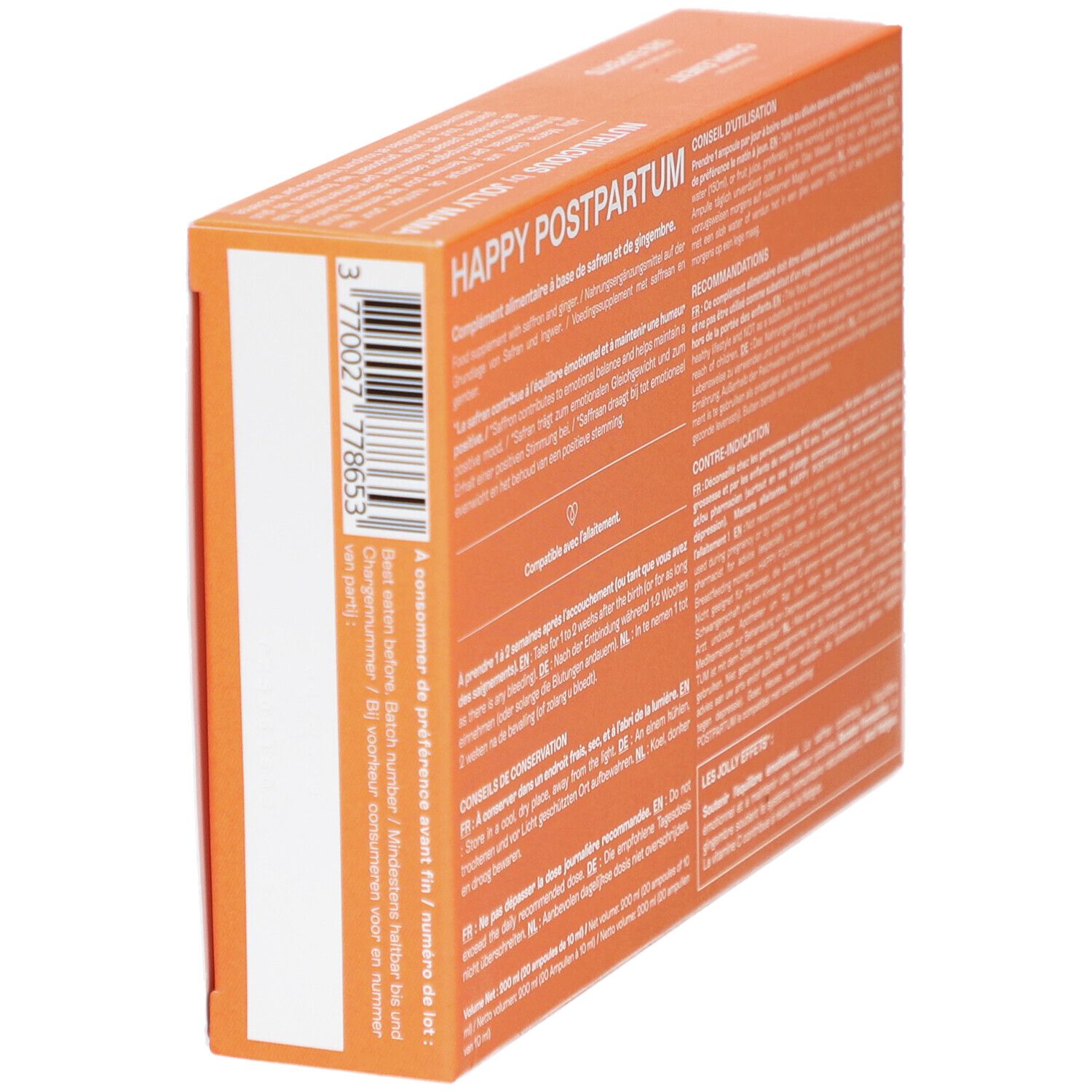 Dos de la boîte orange. Texte multilingue. Informations sur les ingrédients et l'utilisation.