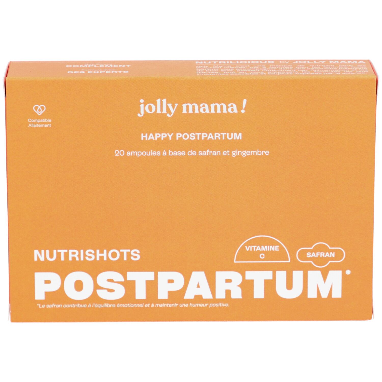 Boîte orange avec "jolly mama!" et "HAPPY POSTPARTUM". Contient 20 ampoules. "Nutrishots POSTPARTUM" en dessous.