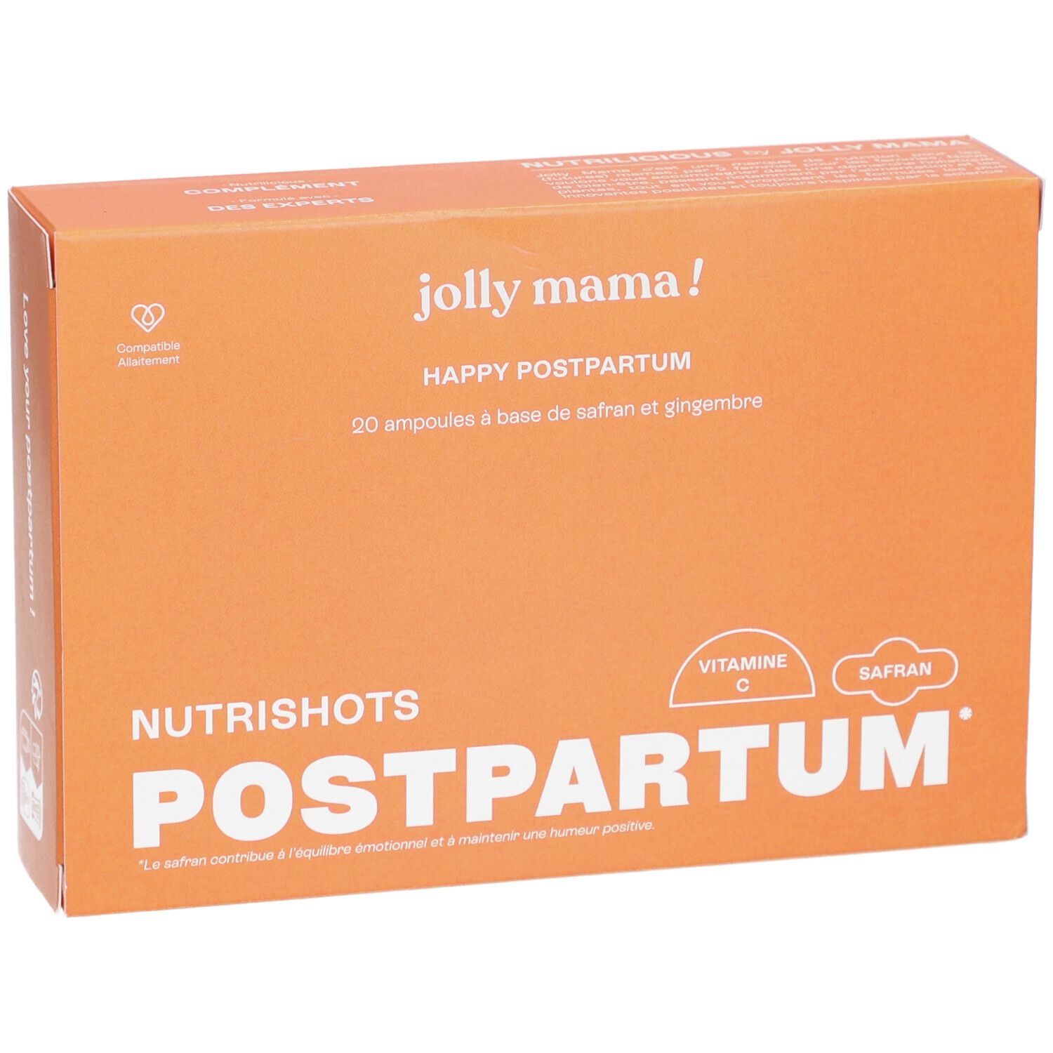 Boîte orange avec "jolly mama!" et "HAPPY POSTPARTUM". Contient 20 ampoules. "Nutrishots POSTPARTUM" en dessous.