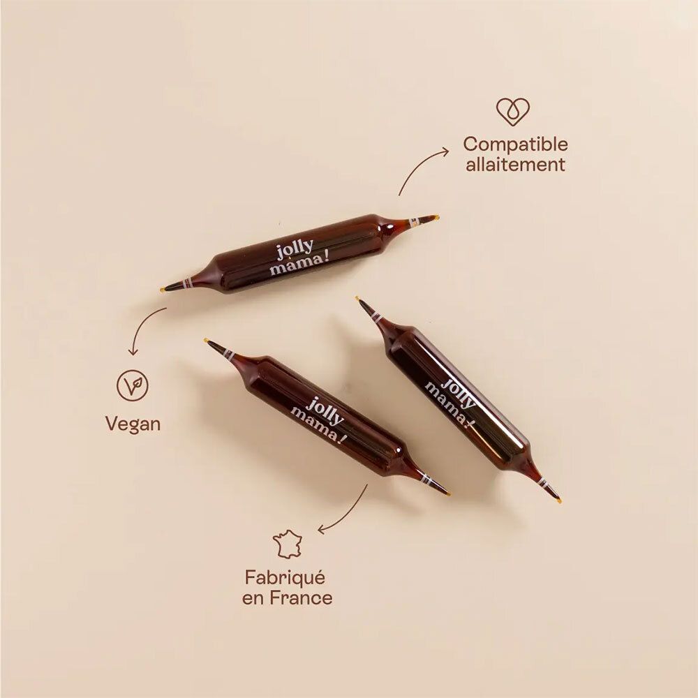 Trois ampoules avec logo Jolly Mama. Vegan et compatible allaitement. Fabriqué en France.