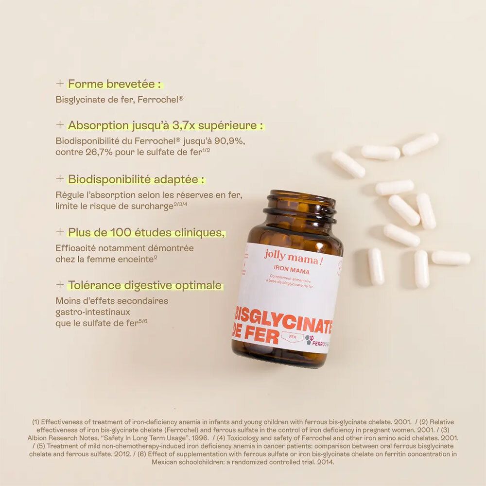 Texte avec informations sur le produit. Contient des signes plus et du texte. Bouteille avec gélules en arrière-plan.