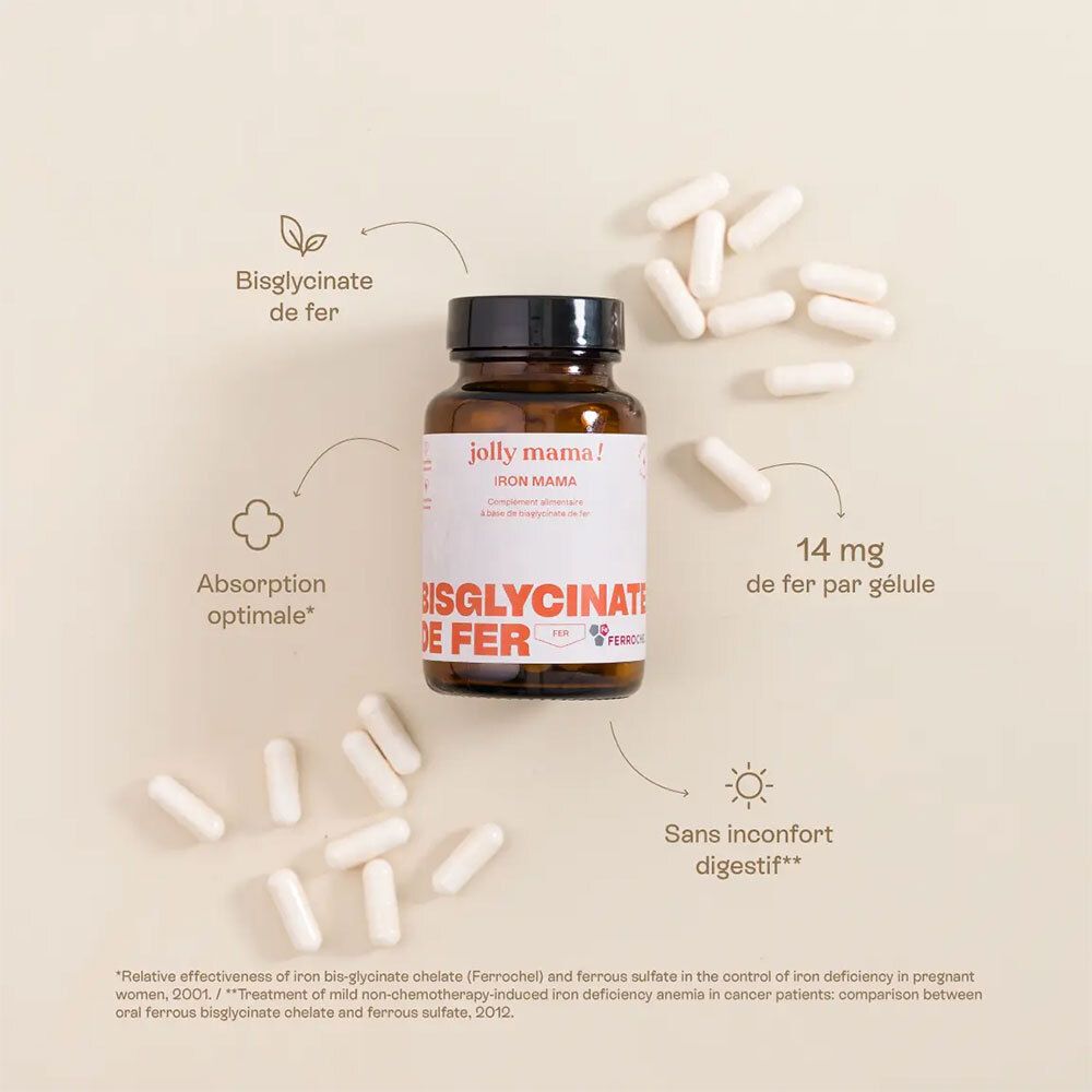 Flacon brun avec gélules blanches. Inscription: jolly mama! et BISGLYCINATE DE FER. 14 mg de fer par gélule.