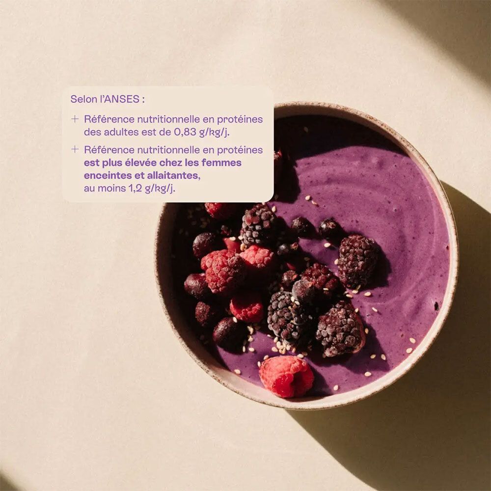 Bol de smoothie violet garni de baies et de graines. Texte: Référence nutritionnelle en protéines.