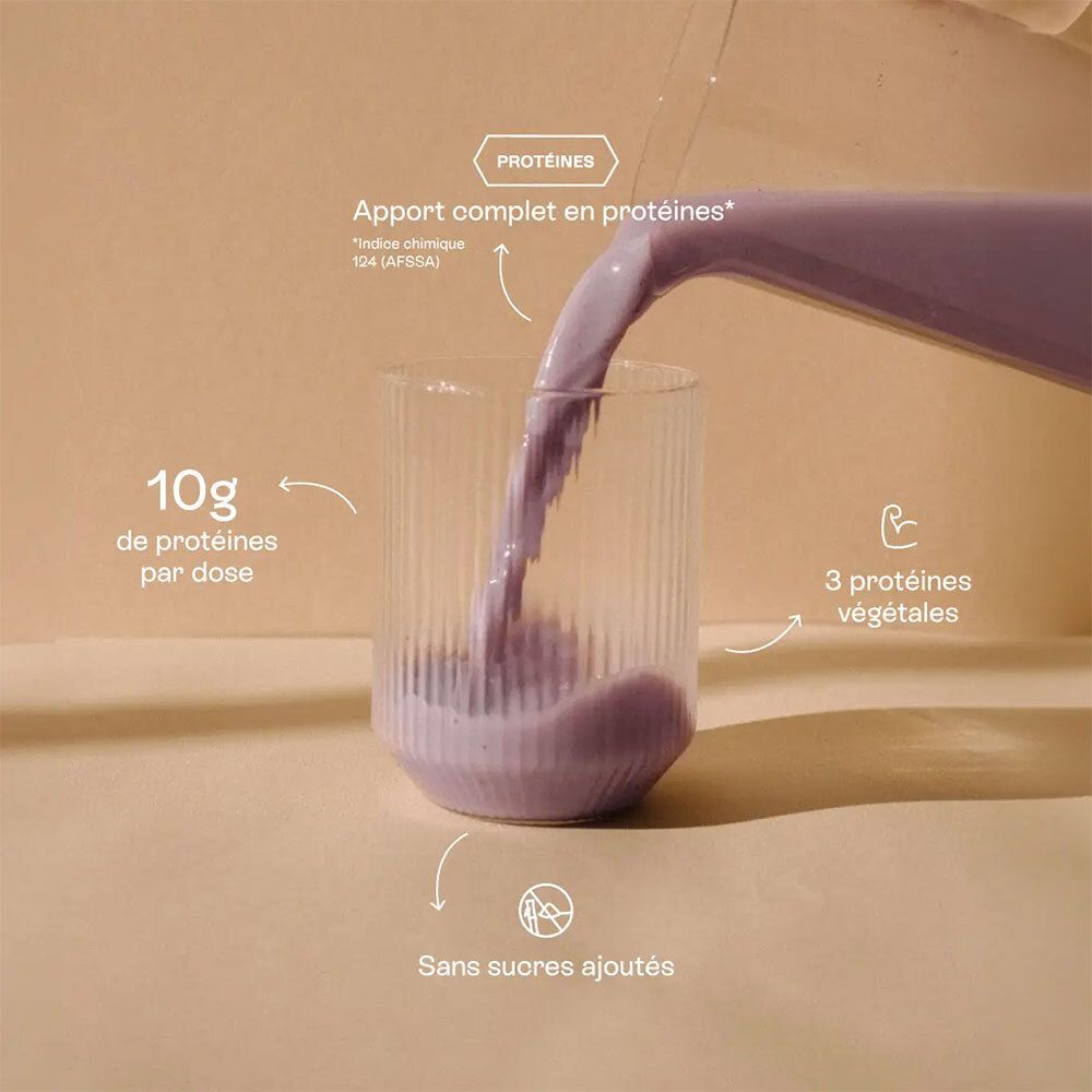 Liquide violet versé dans un verre cannelé. Texte: 10g de protéines par portion, 3 protéines végétales.