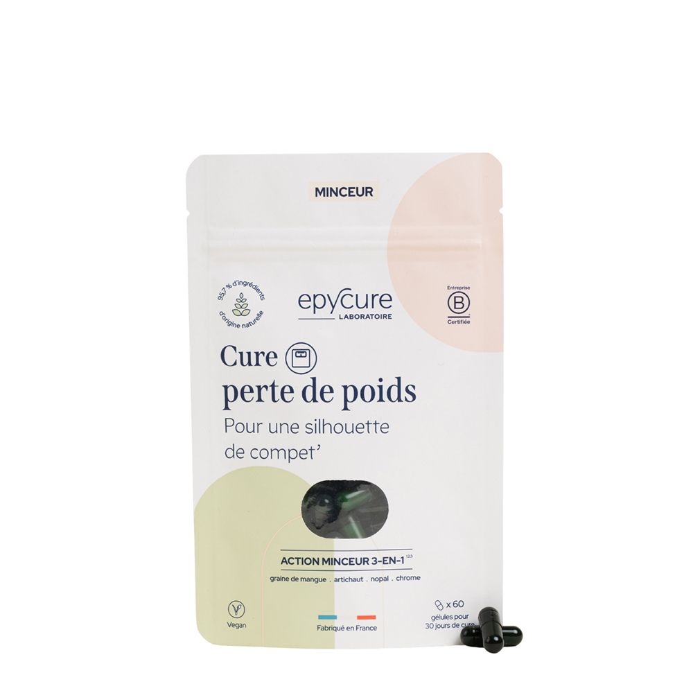 Sachet blanc avec gélules noires. Inscription: Epycure, Cure perte de poids. Logo vegan. Certification B Corp.