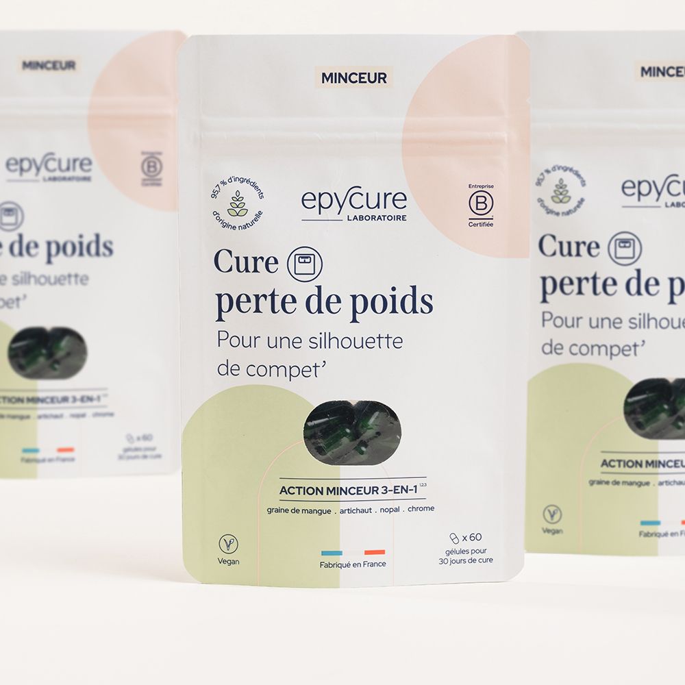 Trois sachets blancs avec gélules noires. Inscription: Epycure, Cure perte de poids. Logo vegan. Certification B Corp.