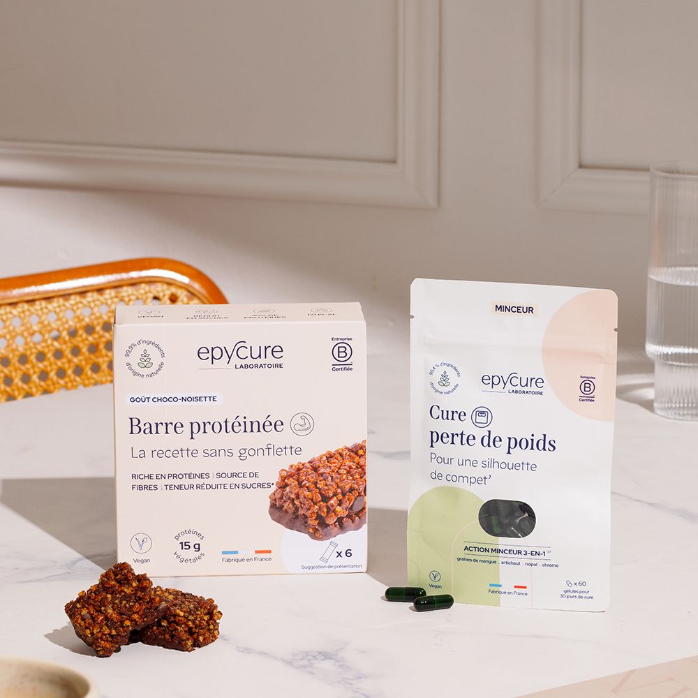 Boîte et sachet avec gélules. Inscription: Epycure, Barre protéinée et Cure perte de poids. Logo vegan. Certification B Corp.
