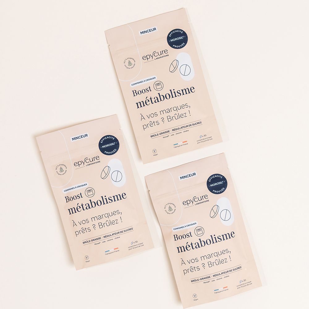 Trois sachets de comprimés. Inscription: Epycure, Boost métabolisme. Label Vegan.