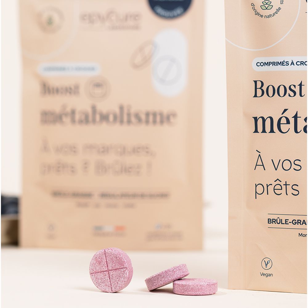 Comprimés et sachet. Inscription: Epycure, Boost métabolisme. Comprimés roses. Label Vegan.