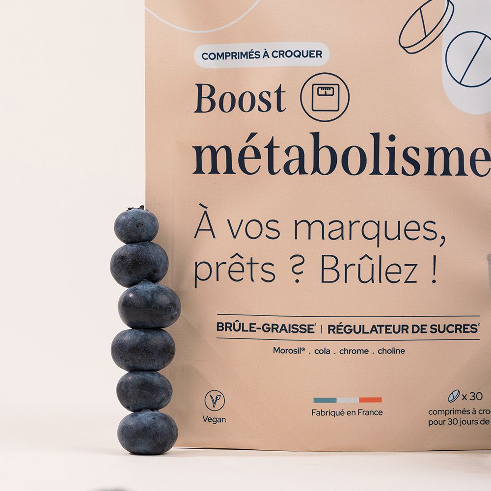 Sachet et myrtilles. Inscription: Epycure, Boost métabolisme. Label Vegan.