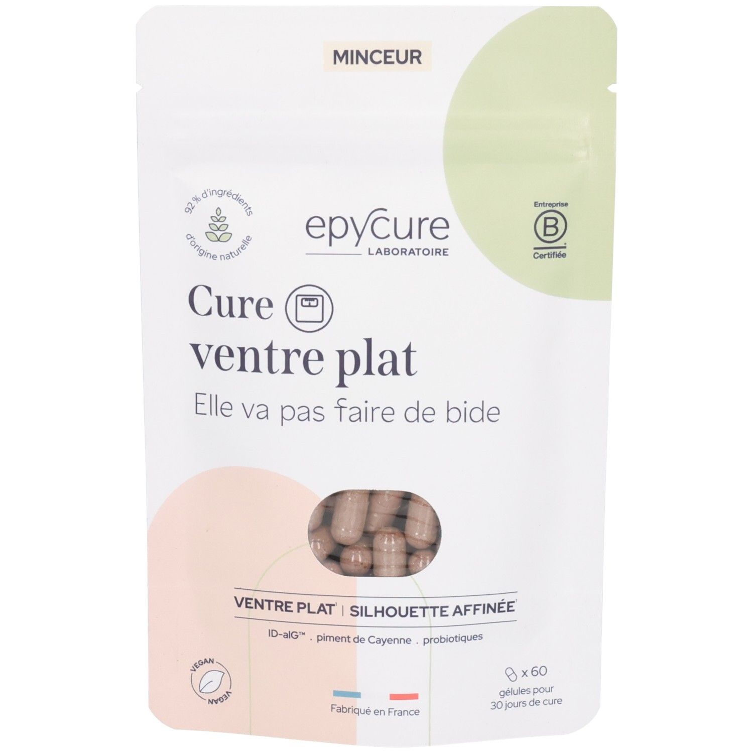 Sachet de gélules. Inscription Epycure, Cure ventre plat. Logo vegan. Texte : 92% ingrédients d'origine naturelle. Certification B-Corp.