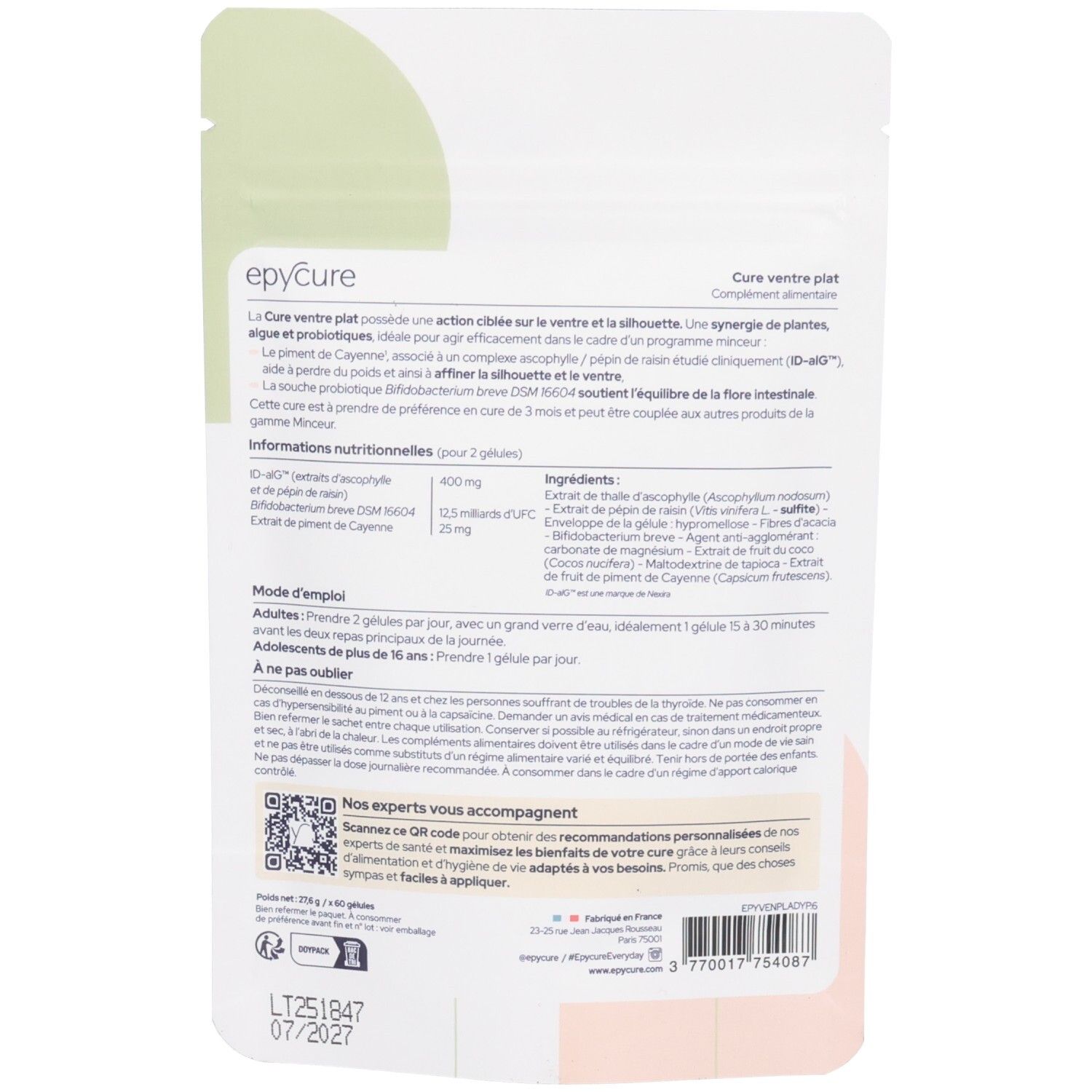 Dos du sachet. Texte : Epycure. Informations sur les ingrédients, l'utilisation et les valeurs nutritionnelles. Code QR et date de péremption.