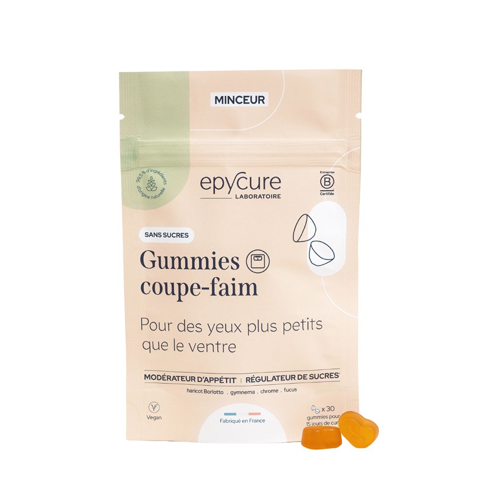 Sachet de Gummies coupe-faim Epycure, sans sucres. Deux gommes oranges. Ingrédients et logo de certification.