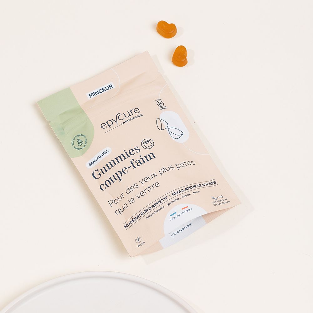 Sachet de Gummies coupe-faim Epycure, sans sucres. Deux gommes oranges. Logo et informations sur l'emballage.