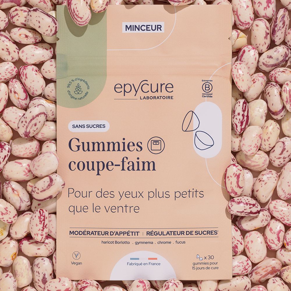Sachet de Gummies coupe-faim Epycure, sans sucres, entouré de haricots. Logo et détails. Ingrédients.
