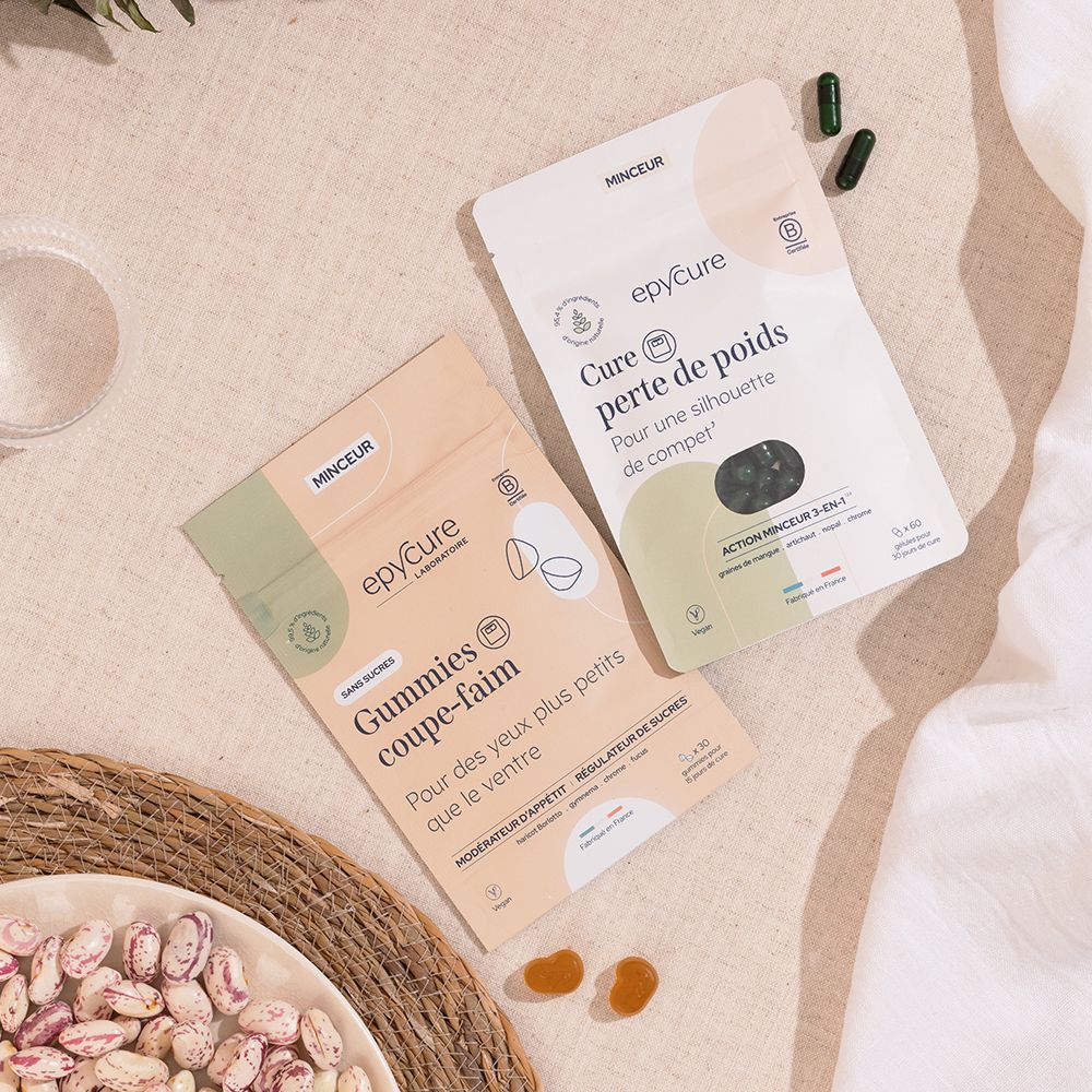 Deux sachets : Gummies coupe-faim et Cure perte de poids Epycure. Deux gommes. Haricots et tissu. Logos.