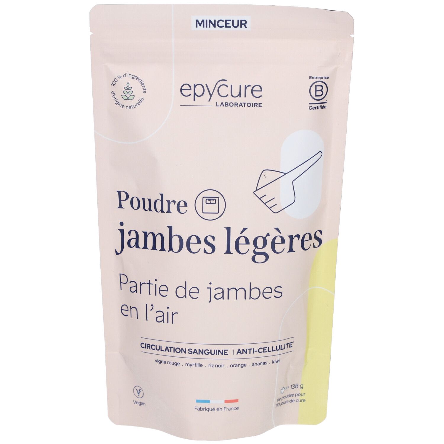 Sachet de poudre Epycure. Inscription 'Poudre jambes légères'. Logos et mentions de certification.