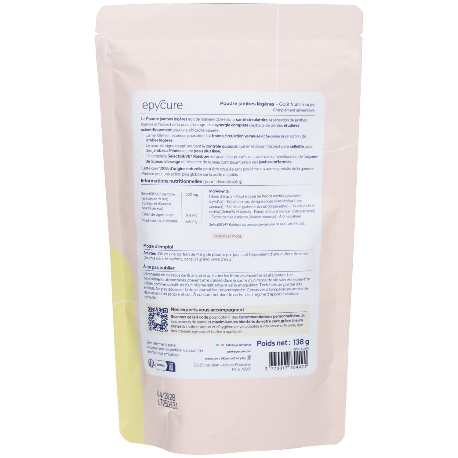 Dos du sachet. Texte 'Poudre jambes légères'. Ingrédients et mode d'emploi.