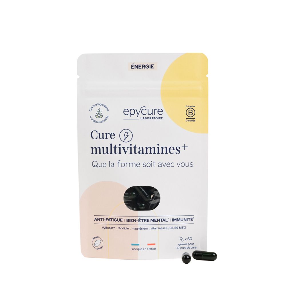 Sachet de Cure multivitamines+. Gélules noires à côté. Inscription: Énergie, epycure, certification B.