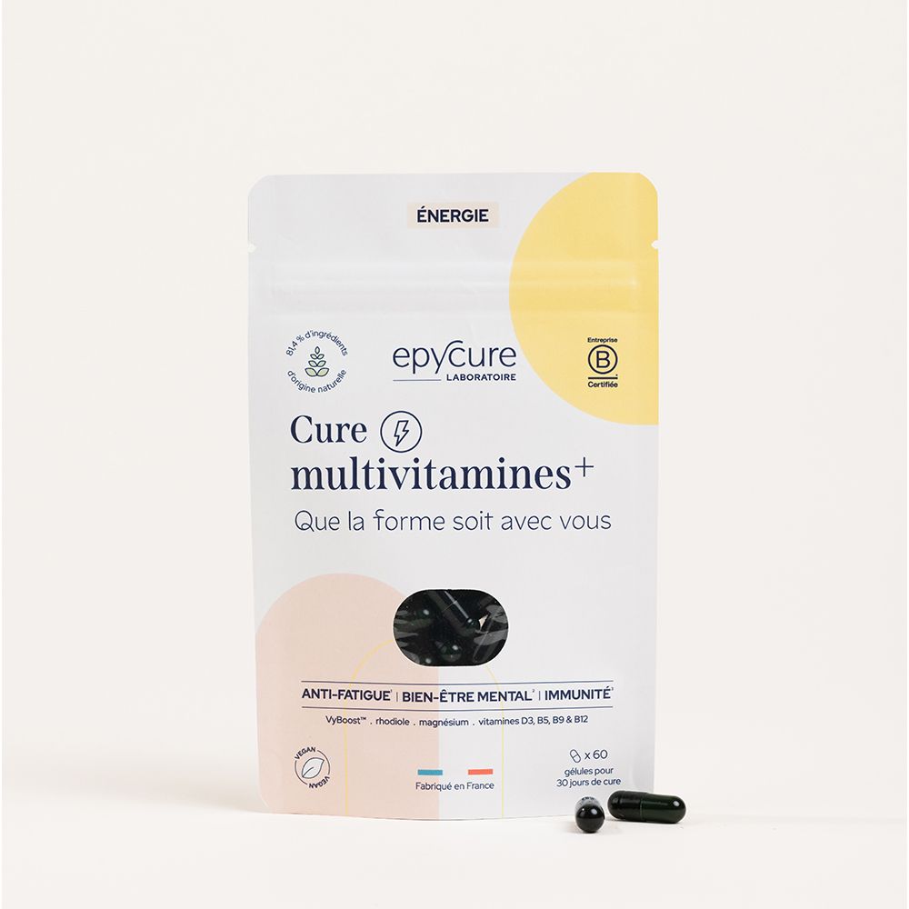 Sachet de Cure multivitamines+. Gélules noires à côté. Inscription: Énergie, epycure, certification B.
