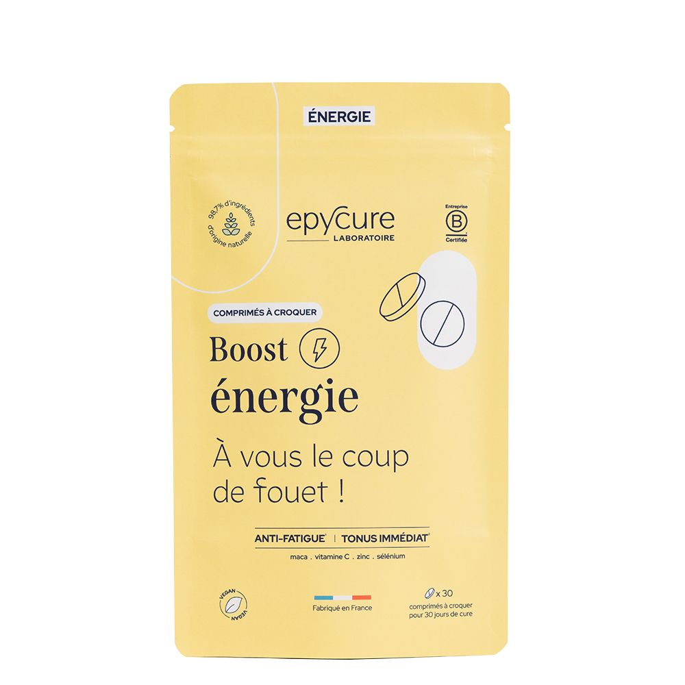 Sachet jaune. Nom du produit et logo visibles. Contient des comprimés. Texte: Epycure, Boost énergie, Anti-Fatigue, Tonus Immédiat.