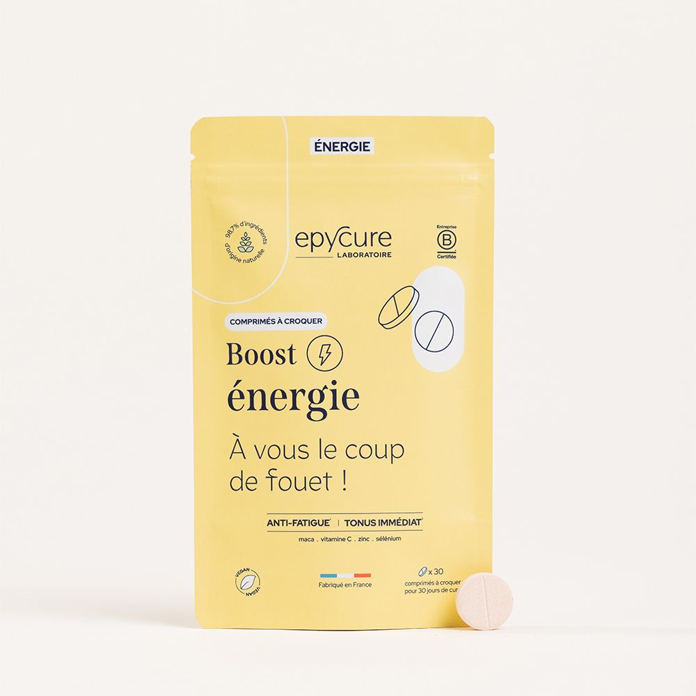 Sachet jaune avec nom et logo du produit. Une tablette à côté. Texte: Epycure, Boost énergie.