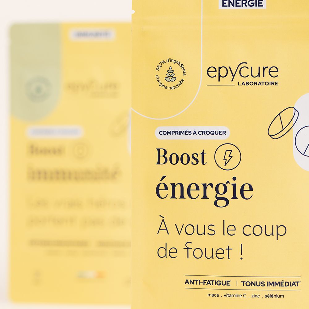 Gros plan sur l'emballage jaune. Texte: Epycure, Boost énergie, Anti-Fatigue, Tonus Immédiat. Logo vegan.