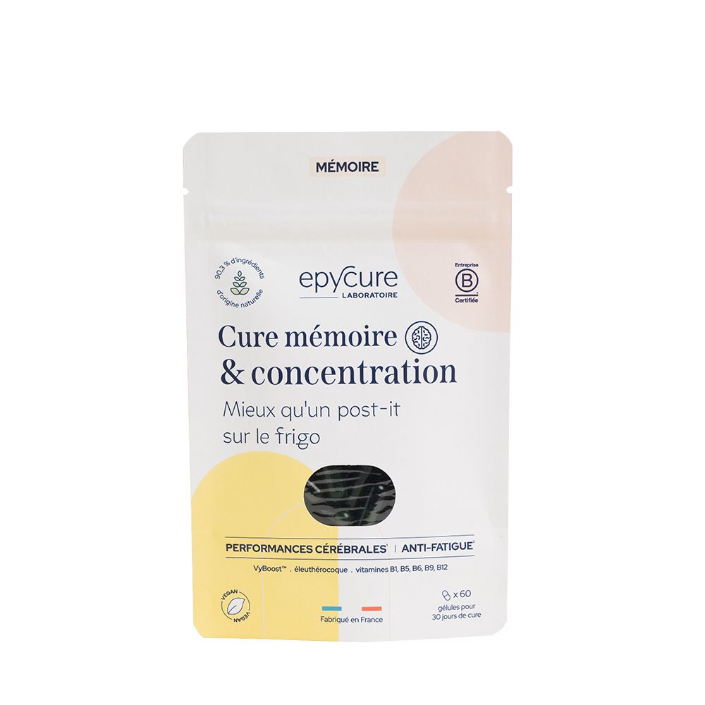 Sachet blanc avec gélules. Inscription: Cure mémoire & concentration, epyCure Laboratoire. Avec certification.