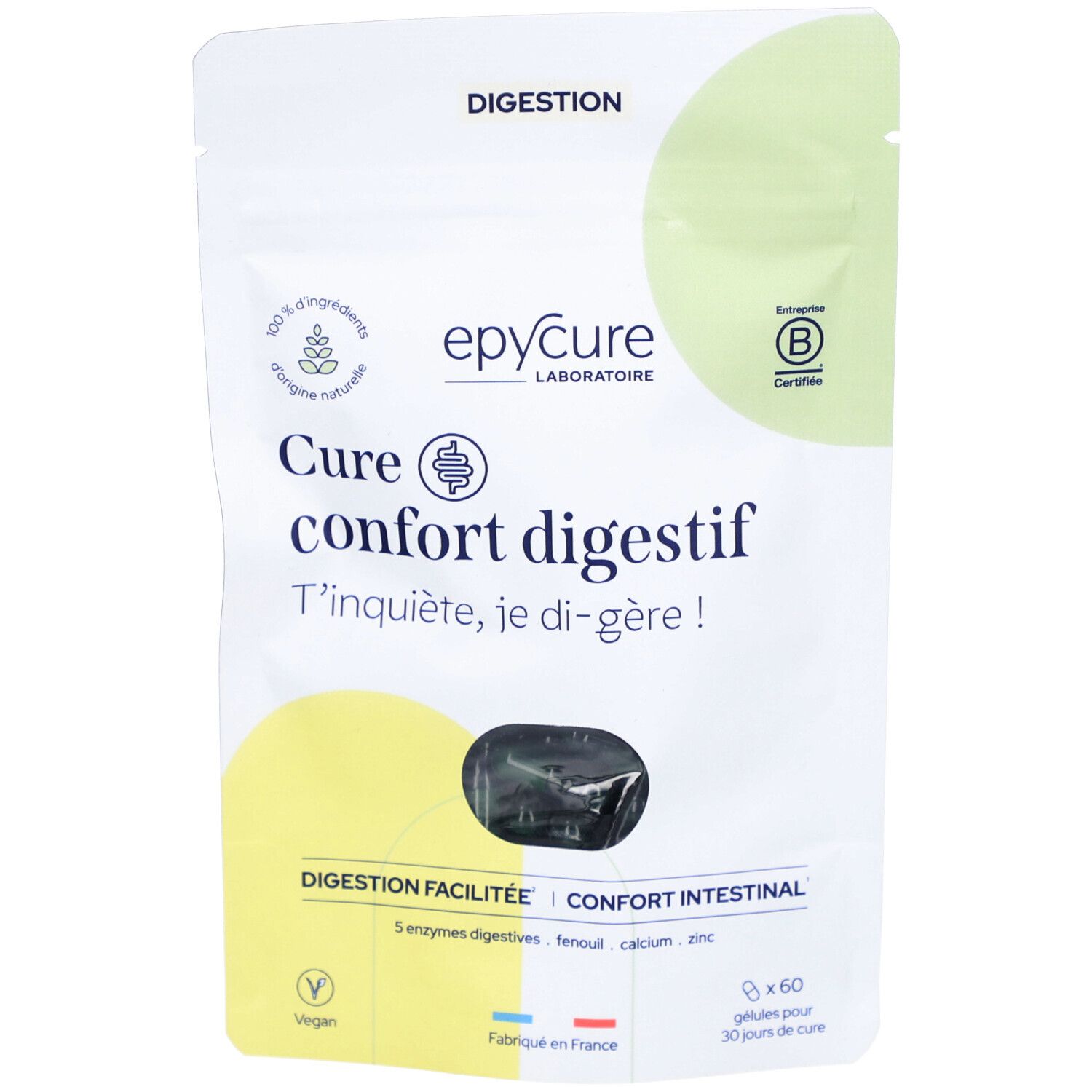 Sachet de gélules. Inscription : Epycure, Cure confort digestif. Label Vegan. Certification B-Corp.