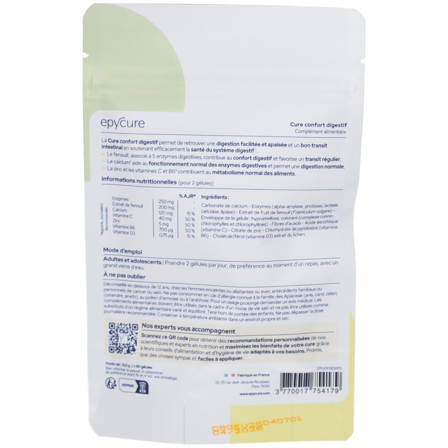 Dos du sachet. Informations sur les ingrédients, l'utilisation et la valeur nutritionnelle. Code QR.