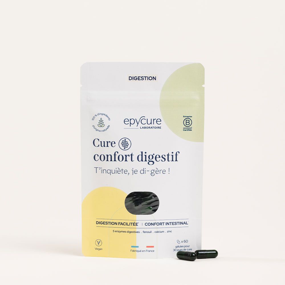 Sachet de gélules et deux gélules à côté. Inscription : Epycure, Cure confort digestif. Label Vegan. B-Corp.