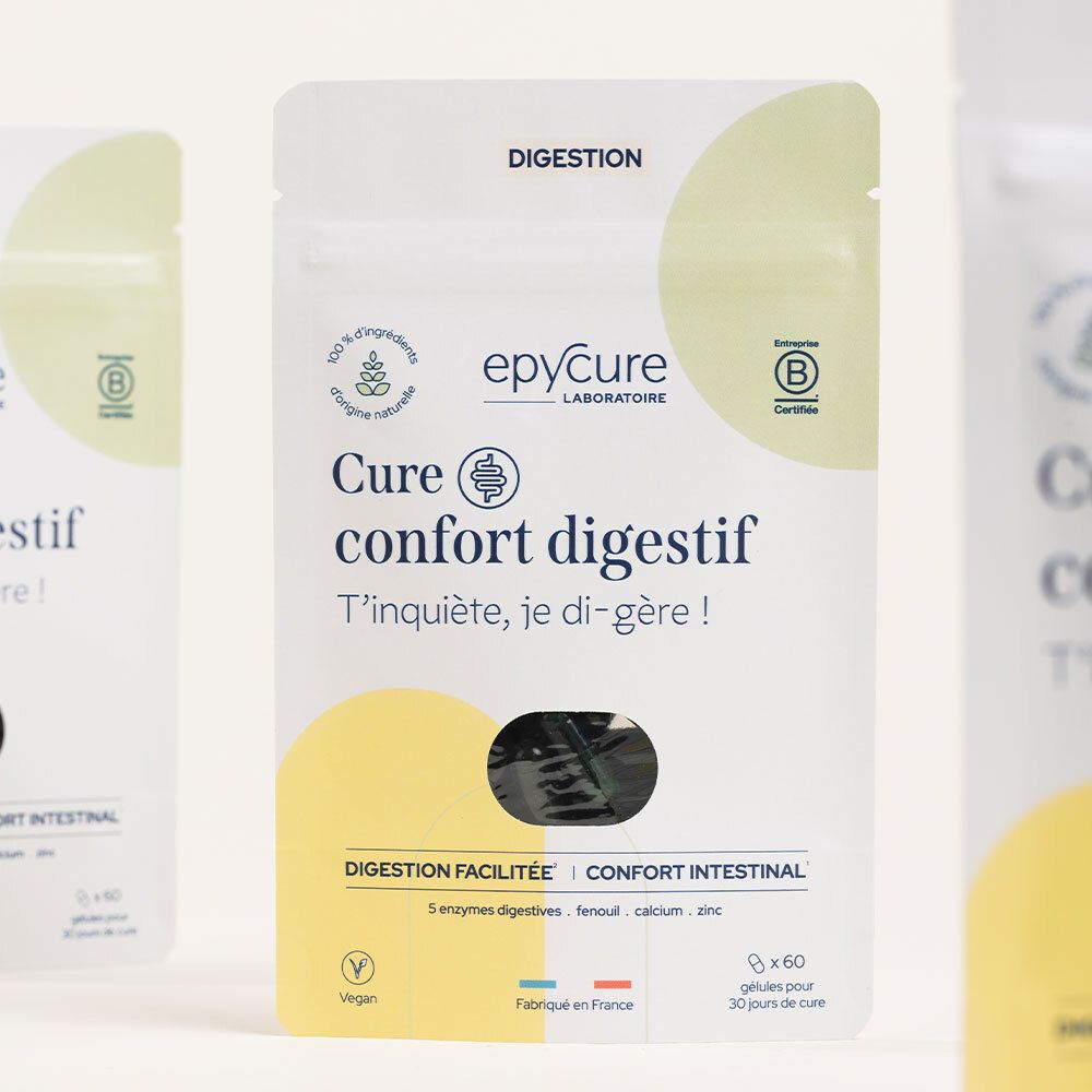 Trois sachets de gélules. Inscription : Epycure, Cure confort digestif. Label Vegan. Certification B-Corp.
