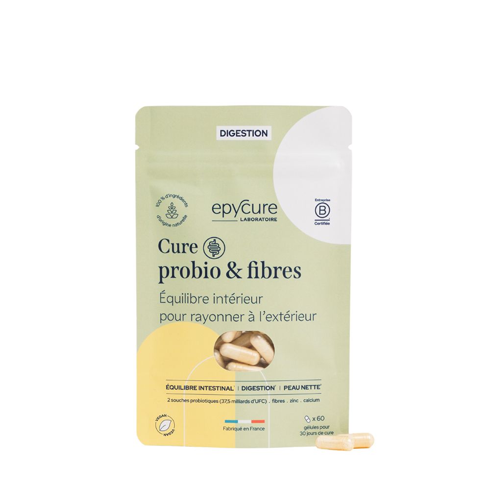 Sachet de gélules Epycure Probio & Fibre Complex. Contient des gélules. Texte: Cure probio & fibres, Équilibre intérieur.