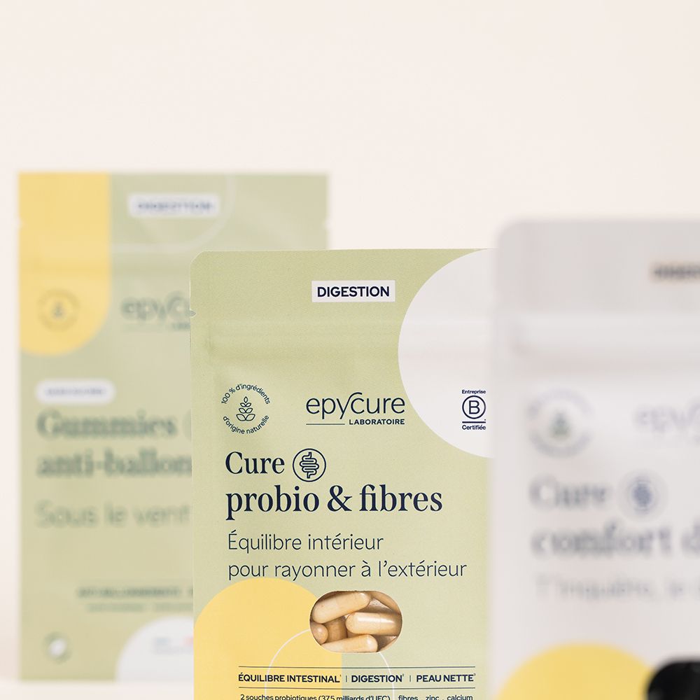 Plusieurs emballages de produits. Epycure Probio & Fibre Complex gélules. Texte: Cure probio & fibres, Gummies anti-ballon.