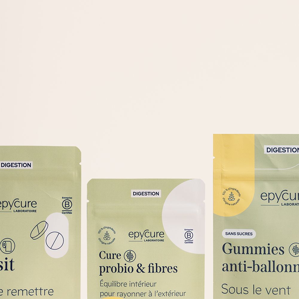 Plusieurs emballages de produits. Epycure Probio & Fibre Complex gélules. Texte: Cure probio & fibres, Gummies anti-ballon.
